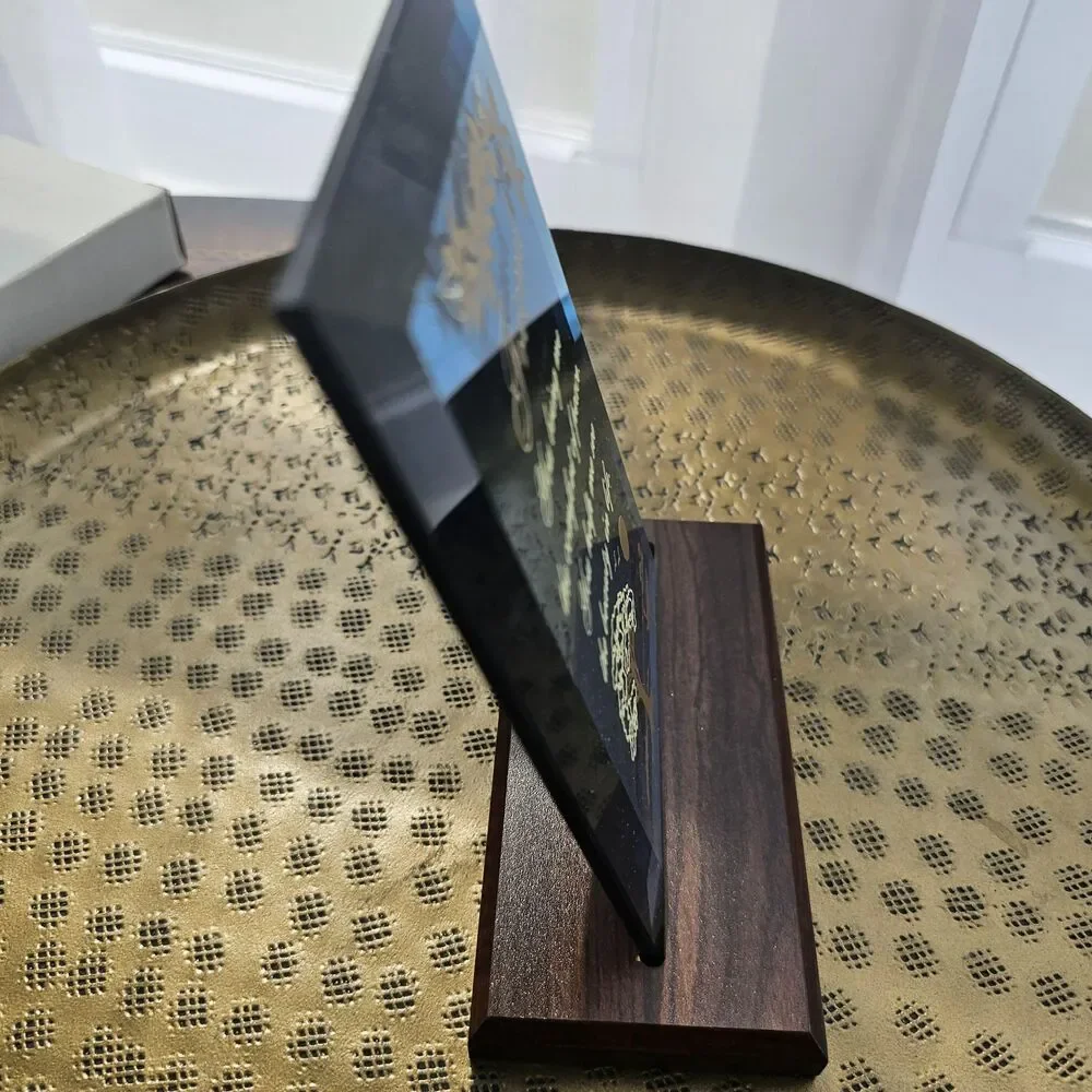 Vintage Glass Friendship Plaque with Wood Stand and Engravable Brass Plate